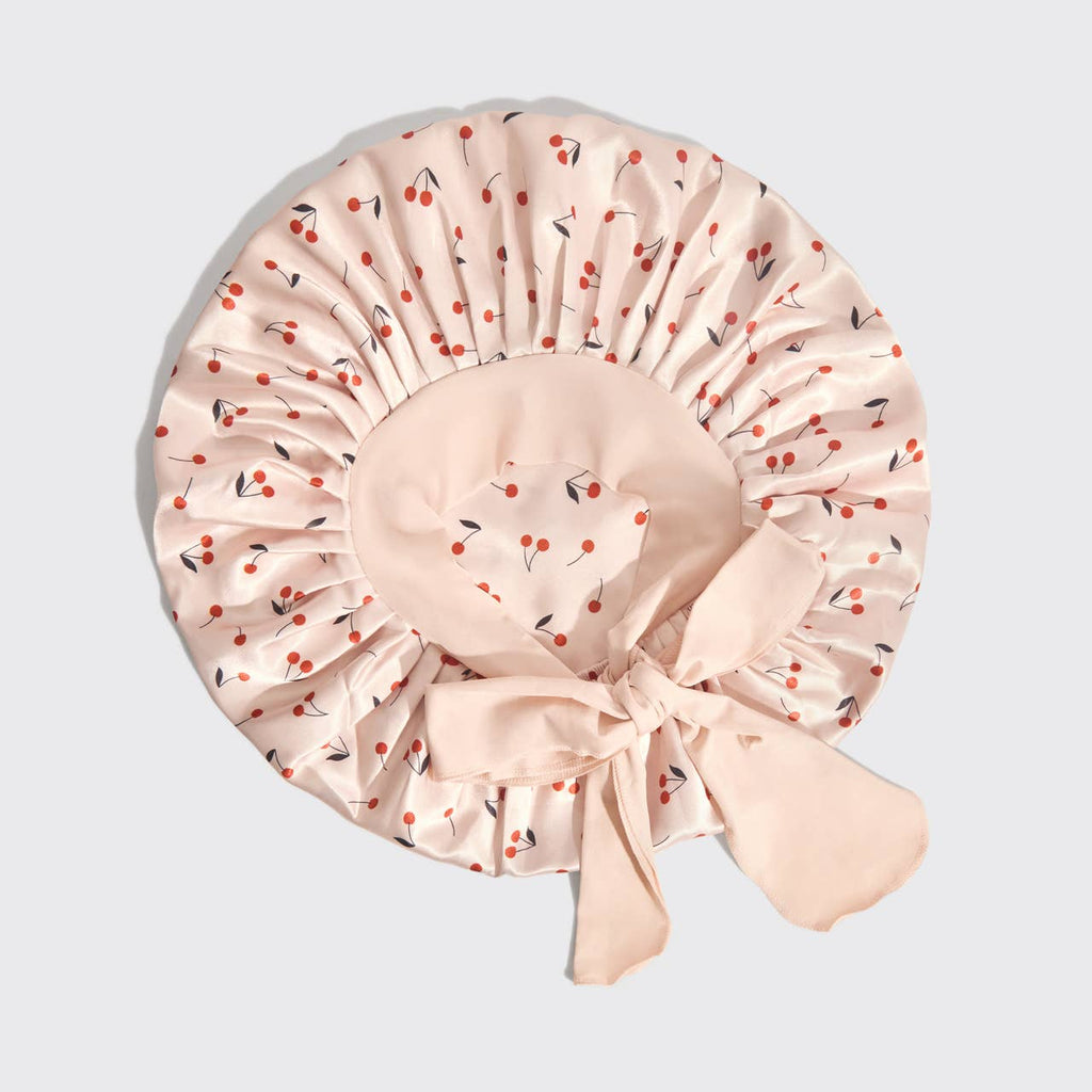 Adjustable Oversized Satin Bonnet Cherry Print
