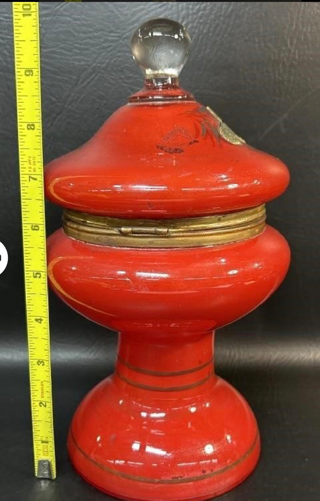 Vintage Ruby Red Bohemian Glass Lidded Pedestal Jar