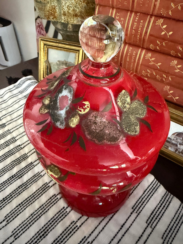 Vintage Ruby Red Bohemian Glass Lidded Pedestal Jar