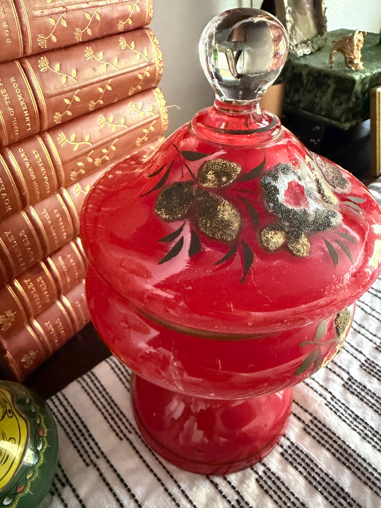 Vintage Ruby Red Bohemian Glass Lidded Pedestal Jar