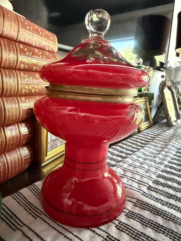 Vintage Ruby Red Bohemian Glass Lidded Pedestal Jar