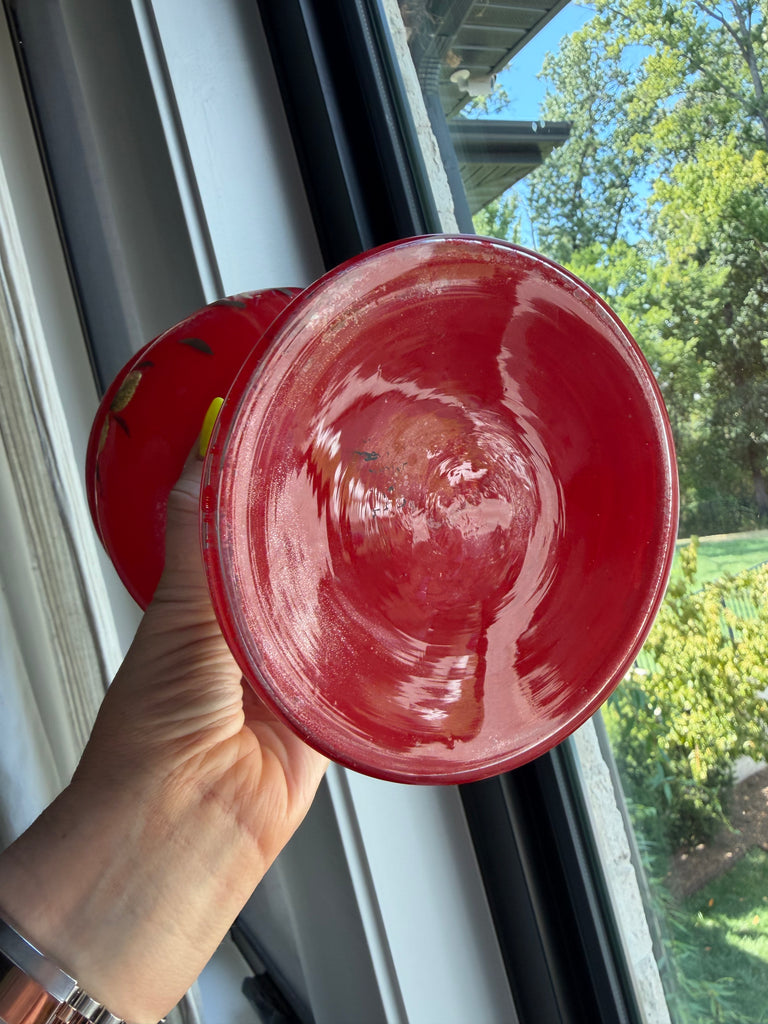 Vintage Ruby Red Bohemian Glass Lidded Pedestal Jar
