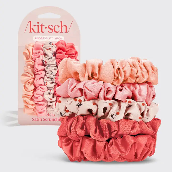 Ruched Satin Scrunchies 5pc Set Assorted Cherry Blossom
