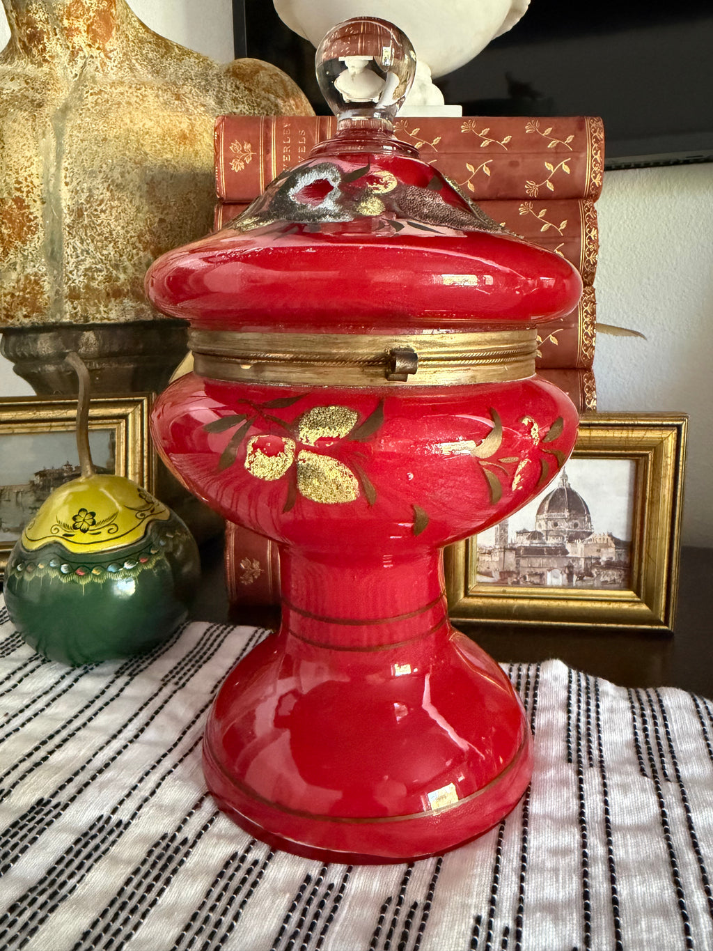 Vintage Ruby Red Bohemian Glass Lidded Pedestal Jar