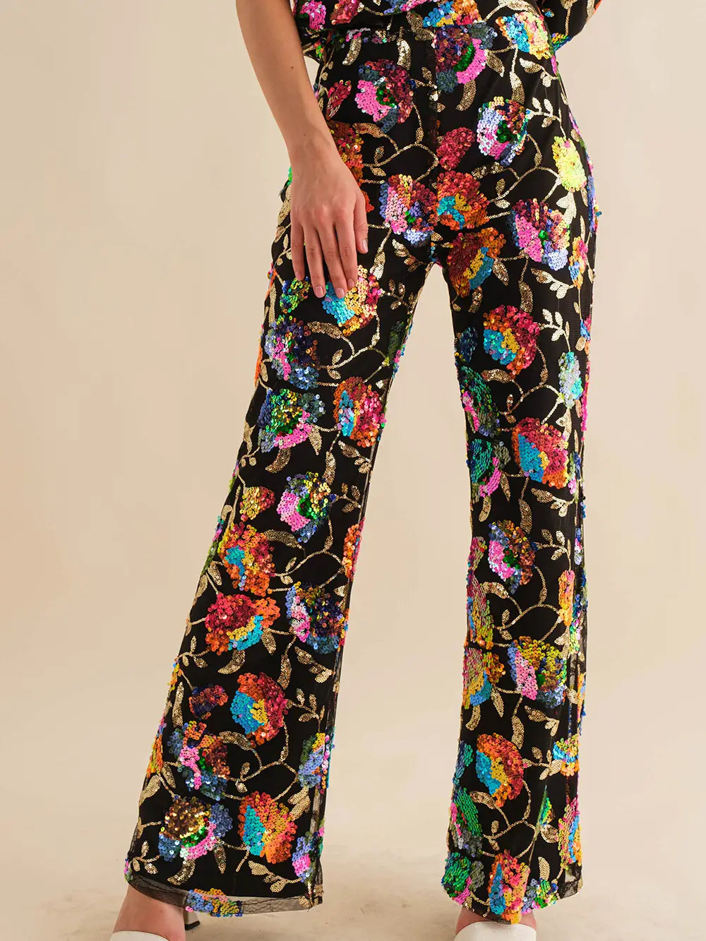 Flower Sequin Bootcut Pants