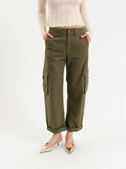 The Squad Cargo Pant in Bronze Green Embellished