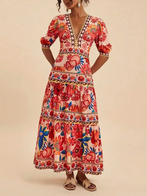 Floral Print Long Dress with Puff Sleeves