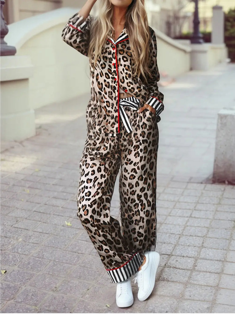 Leopard Striped Edge Shirt and Pants Pajama Set