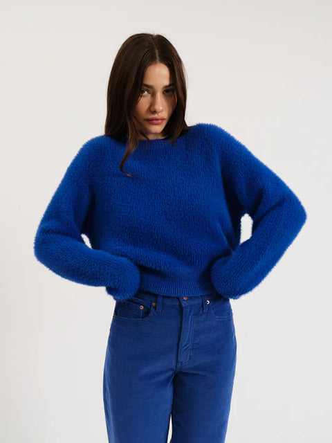 Fuzz Crewneck Eyelash Sweater Cobalt