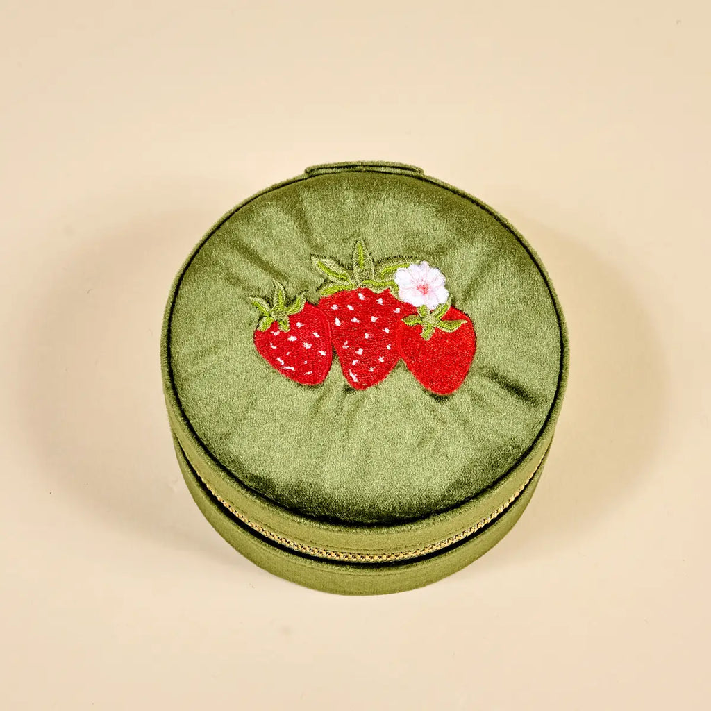 Round Velvet Jewelry Case Strawberries
