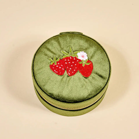 Round Velvet Jewelry Case Strawberries