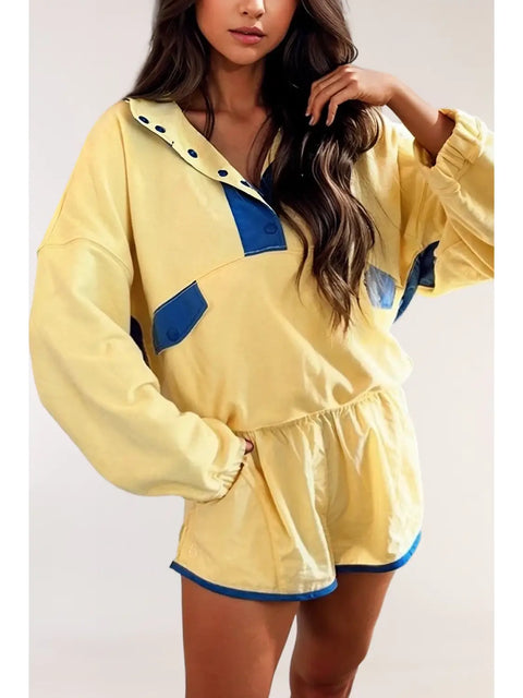 Color Block Patchwork Half Button Pullover & Shorts