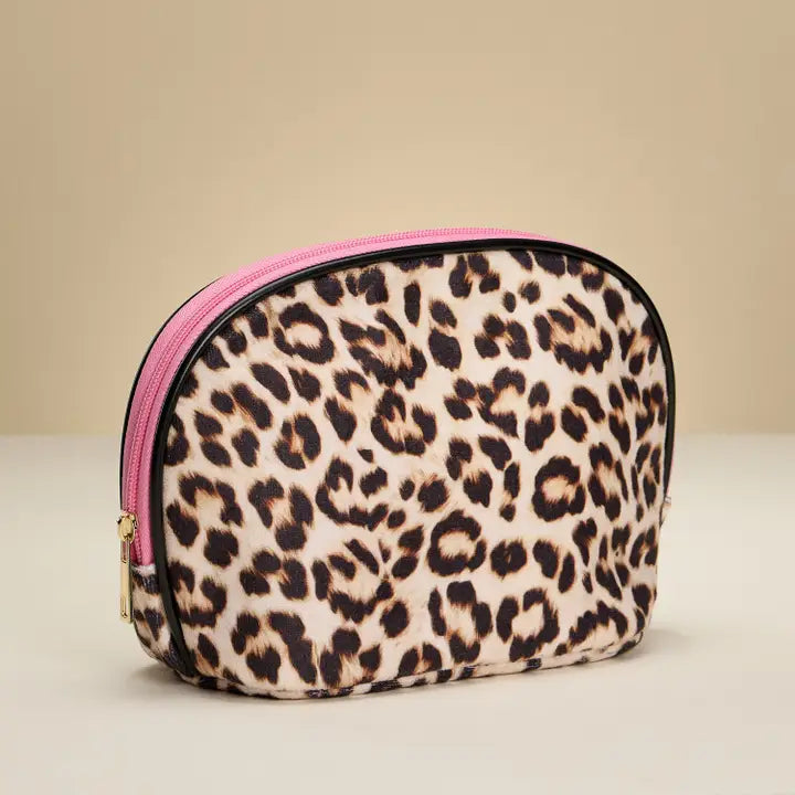 Leopard Print Cosmetic Pouch with Pink Zipper
