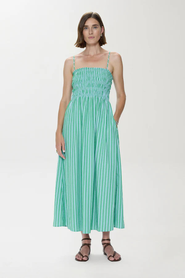 Bianca Shirred Bodice Dress Green/Blue Stripe