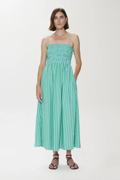 Bianca Shirred Bodice Dress Green/Blue Stripe